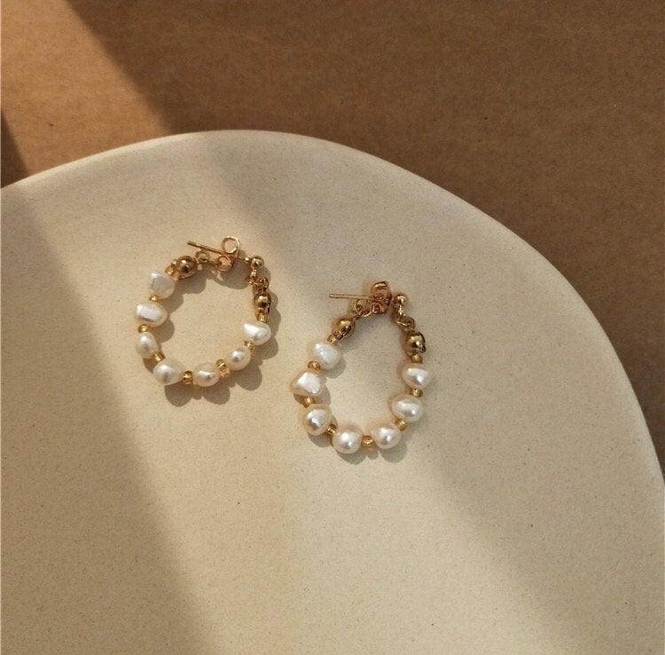 SADIE - French vintage style chain baroque pearl earrings hoop, 925 gold multi-way stud dangle earring boho bridal bridesmaid gift wedding