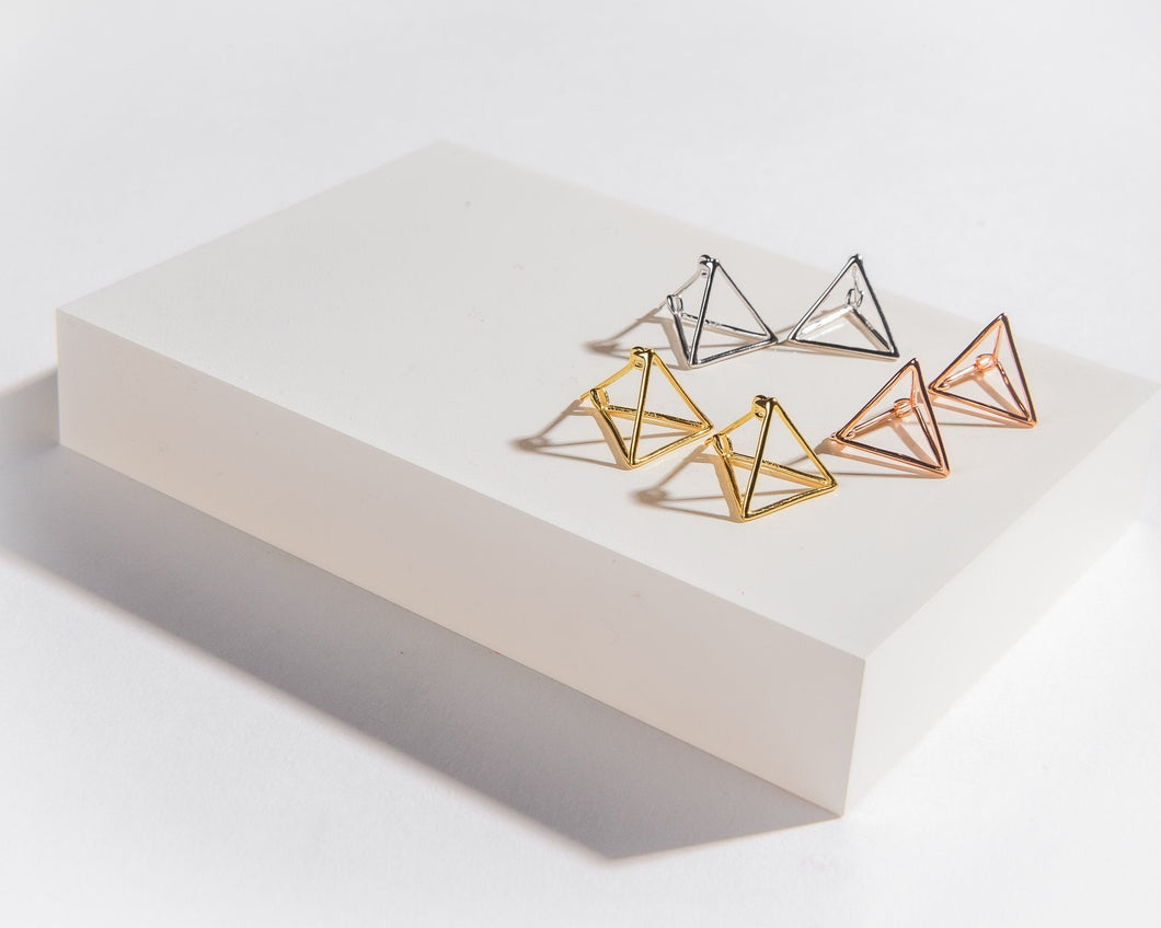 PYRA - Modern unique geometric minimalist pyramid triangle 3d stud huggie mini hoop earrings 925 sterling silver gold rose gold boho minimal