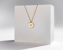 Load image into Gallery viewer, DANICA - minimalist 8 point north star zircon gold coin necklace, star circle pendant, starburst cz dainty coin necklace stacking stack
