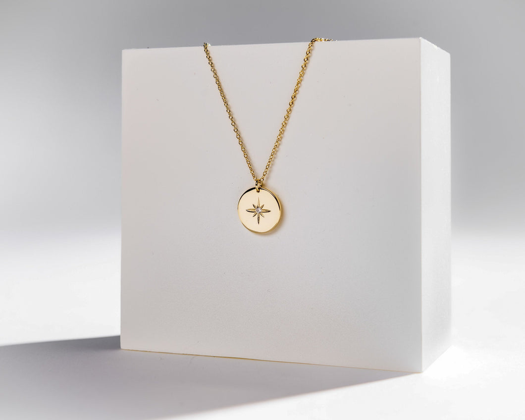 DANICA - minimalist 8 point north star zircon gold coin necklace, star circle pendant, starburst cz dainty coin necklace stacking stack