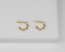 Load image into Gallery viewer, Orb pearl hoop earrings, molten organic gold hoops, mini huggie hoops, dainty pearl hoops, sunshine, wedding bridal pearl, vintage earring

