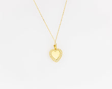 Load image into Gallery viewer, Scalloped heart pendant, vintage, filigree, gold mirror, heart necklace, ornate, antique, heart shaped pendant, heart coin necklace, unique
