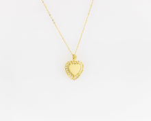 Load image into Gallery viewer, Scalloped heart pendant, vintage, filigree, gold mirror, heart necklace, ornate, antique, heart shaped pendant, heart coin necklace, unique
