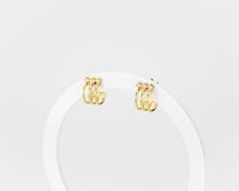 Load image into Gallery viewer, Layered cz mini hoop, 3 layer, 3 cz, huggie hoop earrings, dainty, stacked, small, gold hoop earring, tiny cz, boho hoops, bridal gift, 925
