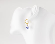 Load image into Gallery viewer, Porcelain flower mini hoops, ceramic floral, bead pendant, 925 twist hoop, drop earrings, gold filled, blue flower, china, vintage, 14KGF
