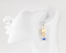 Load image into Gallery viewer, Porcelain flower dangle earrings, 14K gold filled, geometric, ceramic floral, bead pendant, drop earrings, blue, green flower, vintage,14KGF

