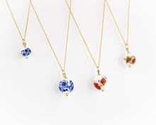 Load image into Gallery viewer, 50cm chain, porcelain flower necklace, 14K gold filled, ceramic floral bead pendant, red, blue flower, china, vintage, handcrafted, 14KGF
