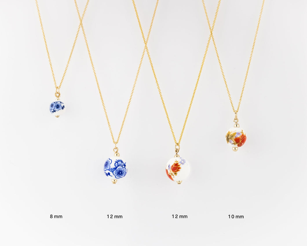 50cm chain, porcelain flower necklace, 14K gold filled, ceramic floral bead pendant, red, blue flower, china, vintage, handcrafted, 14KGF