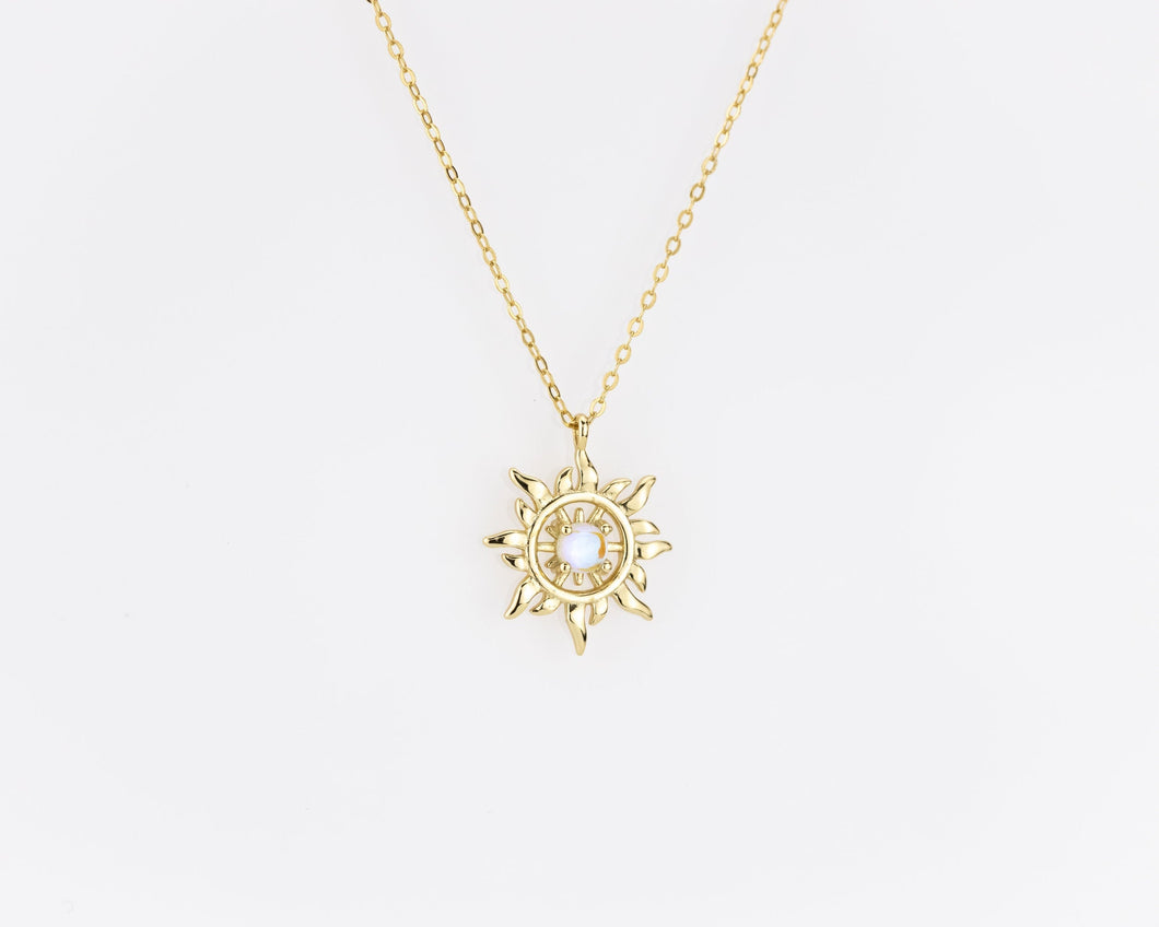Sun moonstone necklace, star pendant, sunburst, sunshine, sun pendant, dainty moonstone, celestial, vintage, minimalist, boho pendant, 925